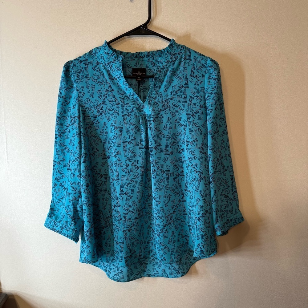 Worthington Blue Blouse with Mandarin Collar and Relaxed Fit - Picture 1 of 6